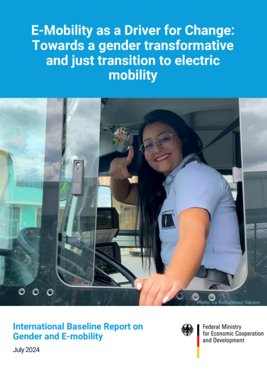 The cover of UNEP's publication "E-Mobility as a Driver for Change" shows a women bus driver behind the wheel, smiling and showing thumbs up.