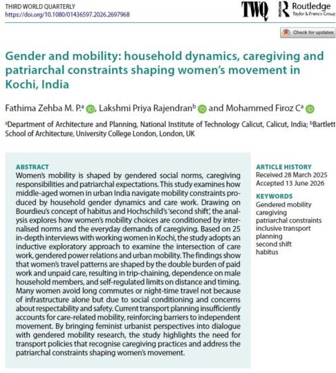 Gender and mobility: household dynamics, caregiving and patriarchal constraints shaping women’s movement in Kochi, India
