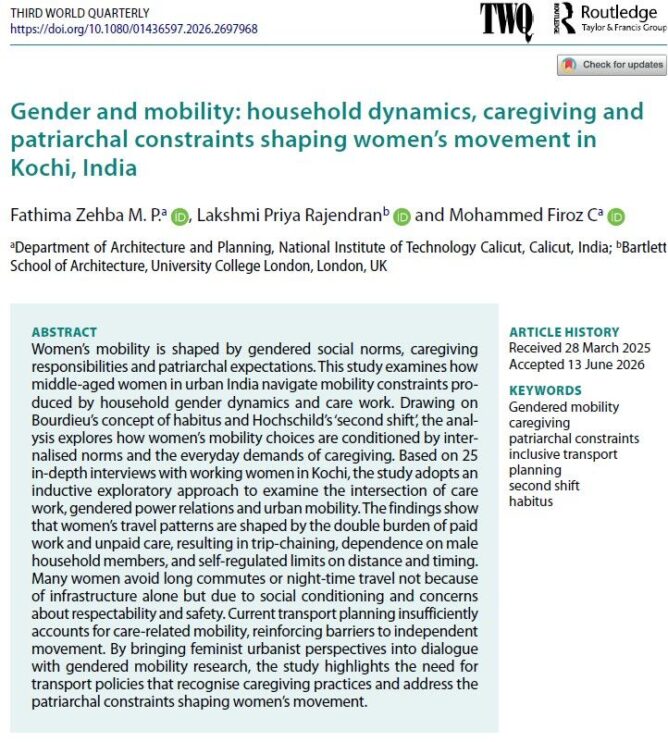 Gender and mobility: household dynamics, caregiving and patriarchal constraints shaping women’s movement in Kochi, India